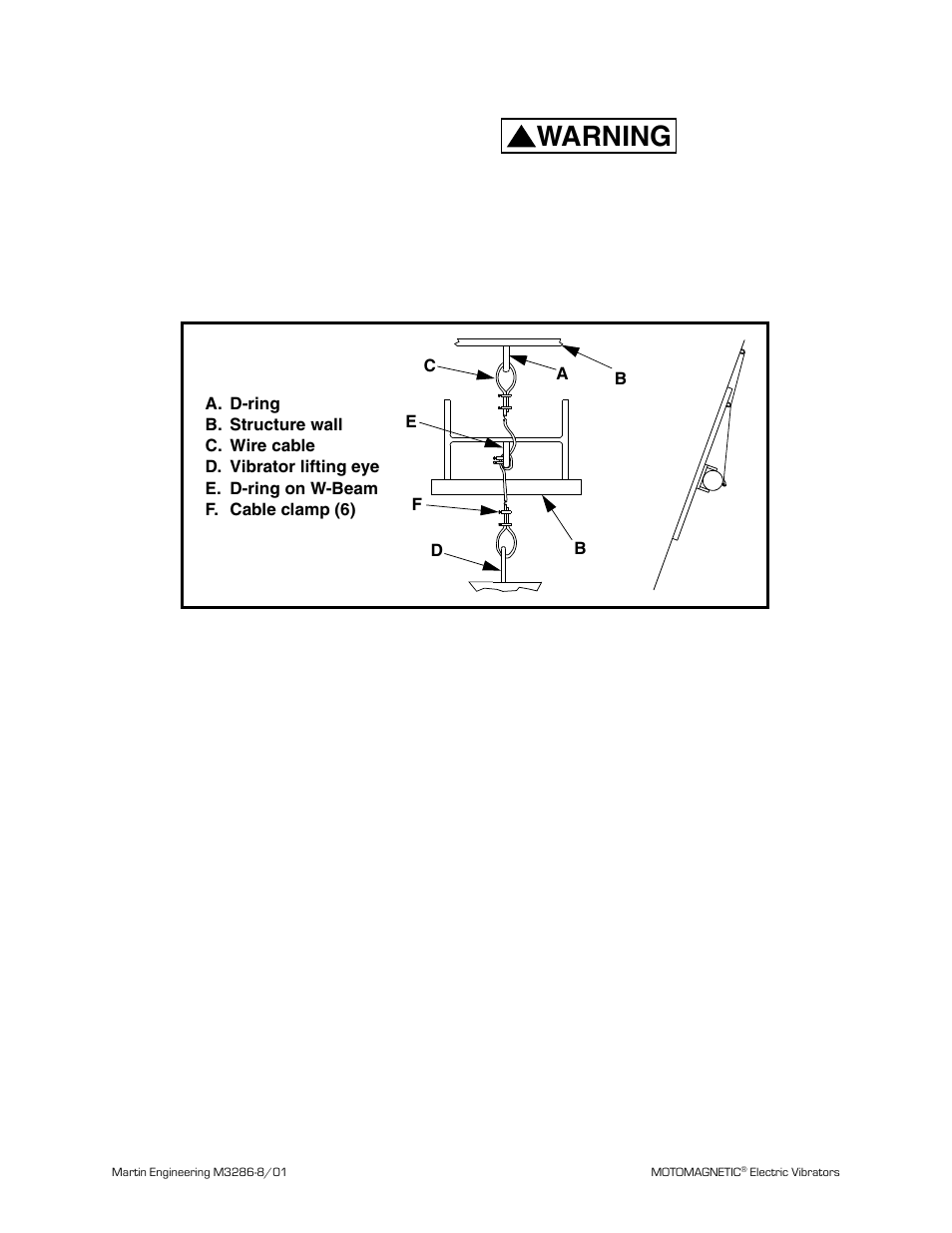 Figure 4. installing restraining cable, Warning, Installation | Metalfab Martin Motomagnetic Electric Vibrator User Manual | Page 11 / 42