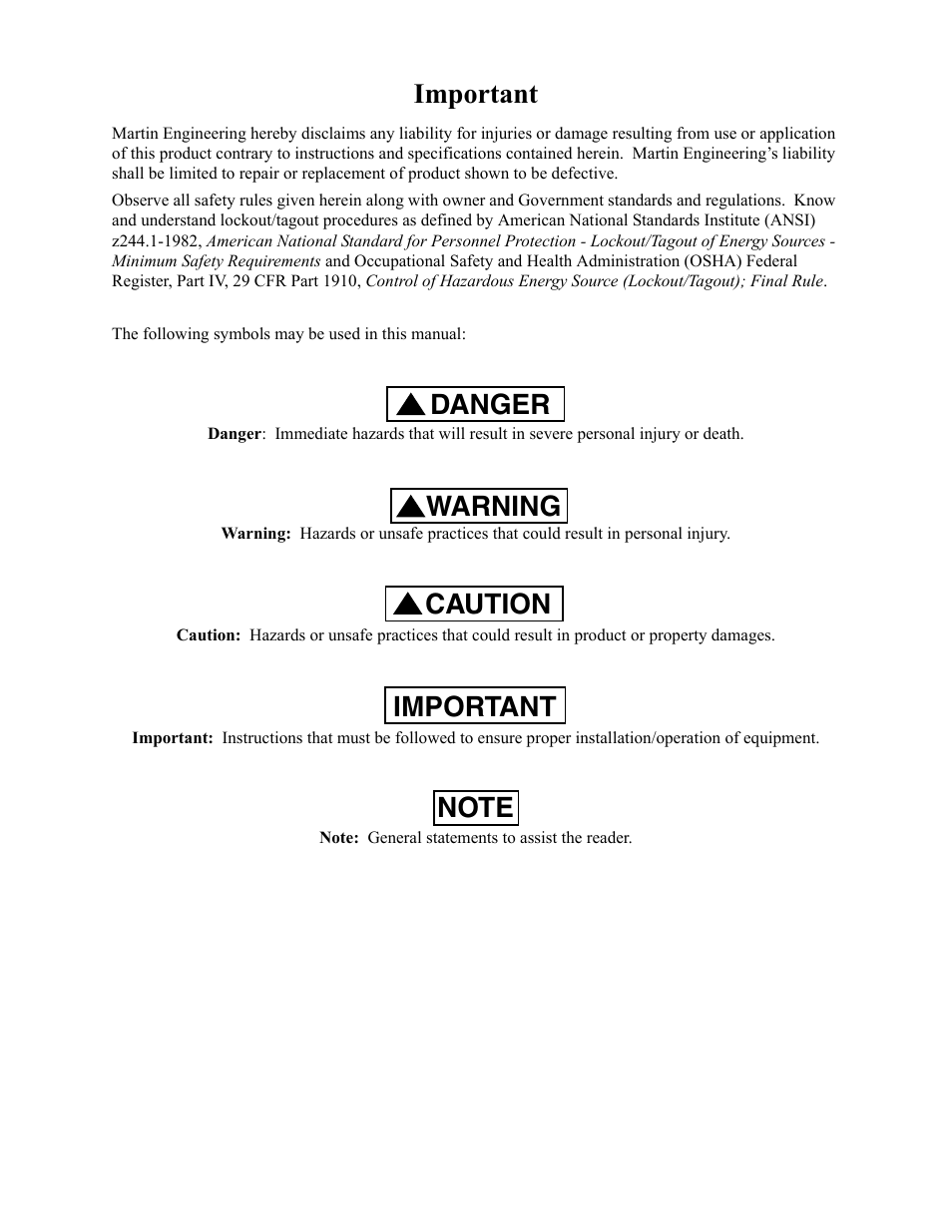 Important, Danger, Warning | Caution | Metalfab Martin Motomagnetic Electric Vibrator User Manual | Page 2 / 42