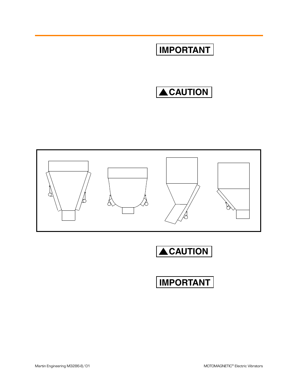 Installing vibrator, Mounting vibrator onto structure, Figure 1. locating vibrator on hoppers | Installing vibrator important, Caution, Important, Installation | Metalfab Martin Motomagnetic Electric Vibrator User Manual | Page 8 / 42