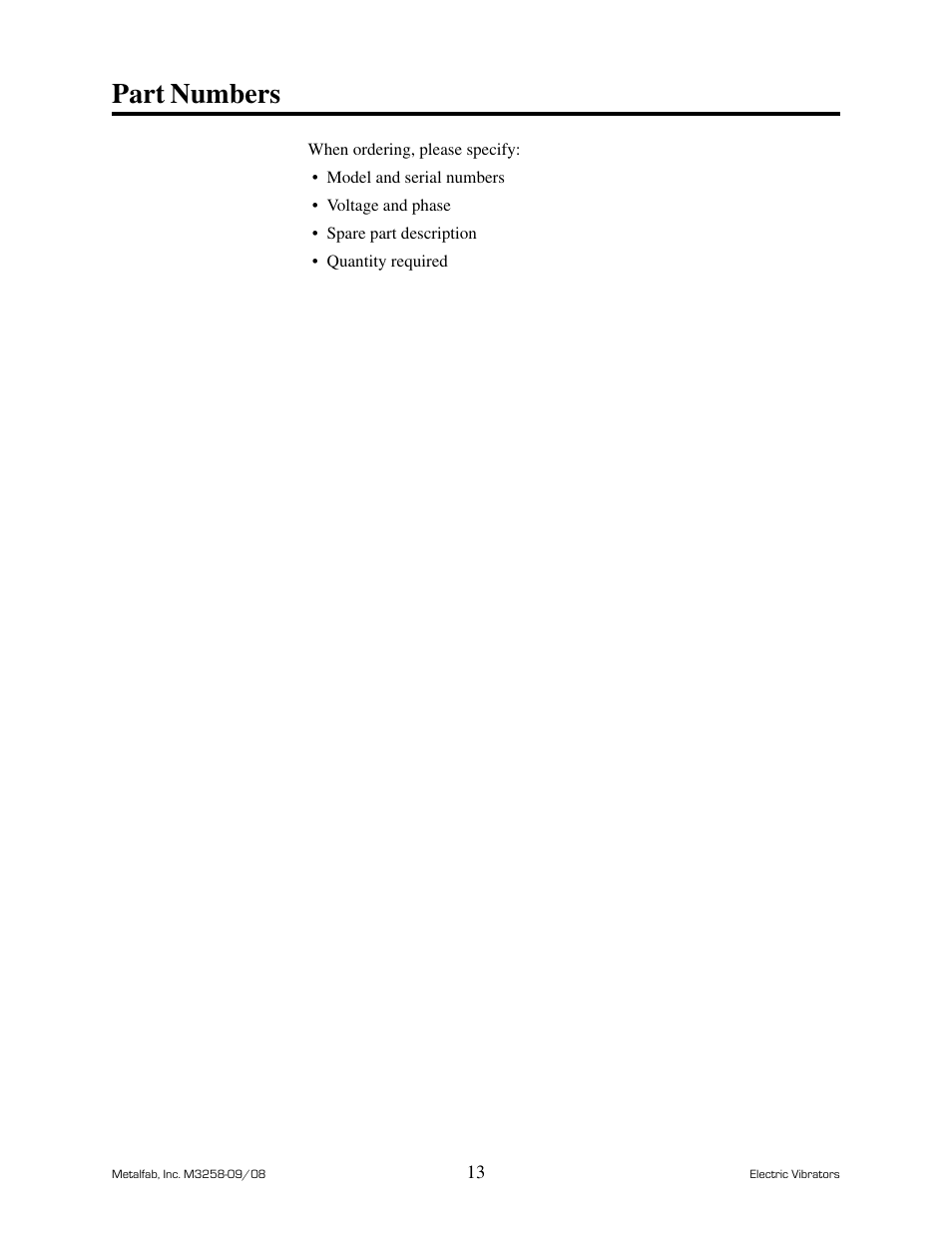 Part, Numbers | Metalfab Industrial Electric Vibrator User Manual | Page 17 / 26