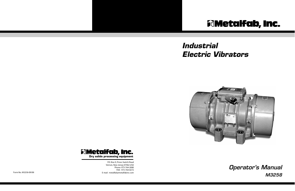 Industrial electric vibrators, Operator’s manual, M3258 | Metalfab Industrial Electric Vibrator User Manual | Page 26 / 26