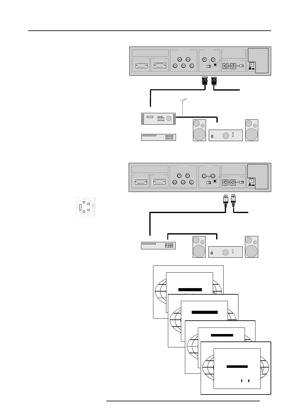 Connections, Connecting a composite video source to port 1, Connecting a s-video or video source to port 2 | Enter, Input selection, Adjust, Highlight 'picture tuning' and press, Select 'selected source' and press, Key. select 'random access' and press, 4 pin connector configurations | Barco GRAPHICS 1208S R9000893 User Manual | Page 12 / 55
