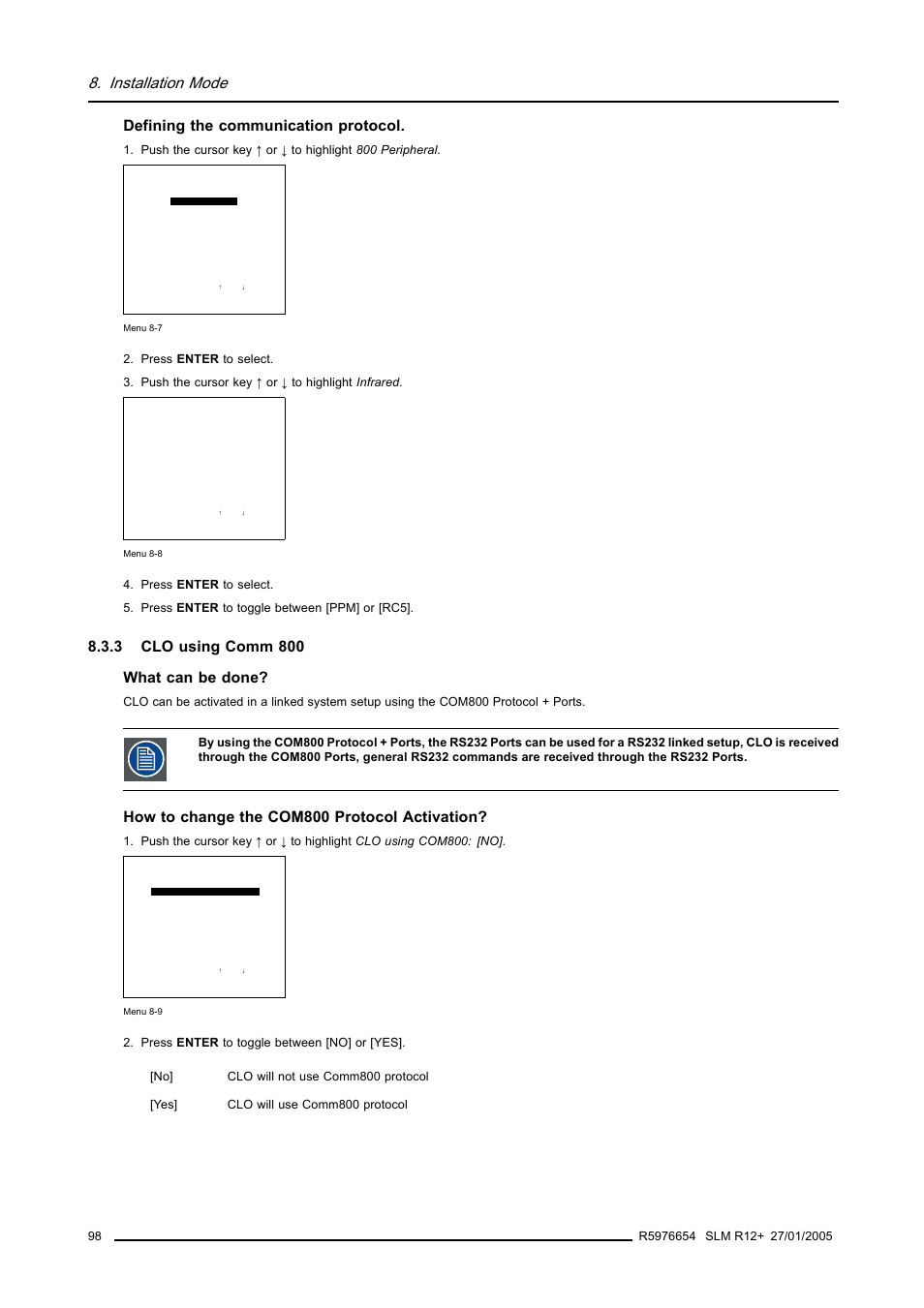 3 clo using comm 800, Clo using comm 800, Installation mode | Defining the communication protocol, 3 clo using comm 800 what can be done, How to change the com800 protocol activation | Barco SLM R12+ User Manual | Page 102 / 159