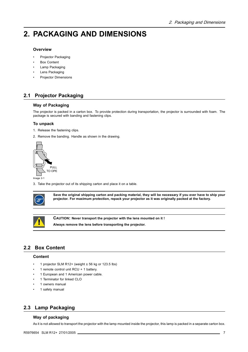 Packaging and dimensions, 1 projector packaging, 2 box content | 3 lamp packaging, Projector packaging, Box content, Lamp packaging | Barco SLM R12+ User Manual | Page 11 / 159