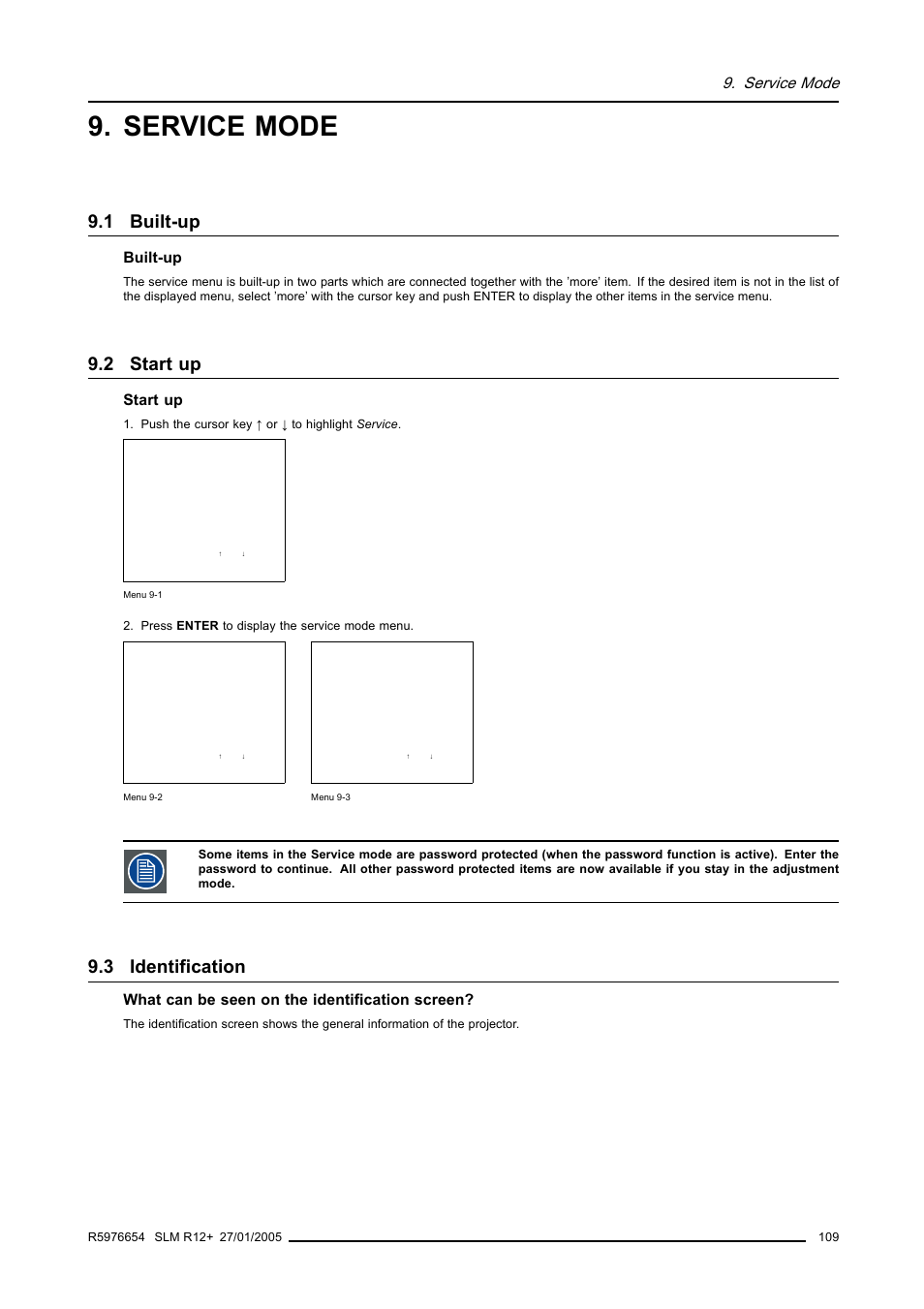 Service mode, 1 built-up, 2 start up | 3 identification, Built-up, Start up, Identification, What can be seen on the identification screen | Barco SLM R12+ User Manual | Page 113 / 159