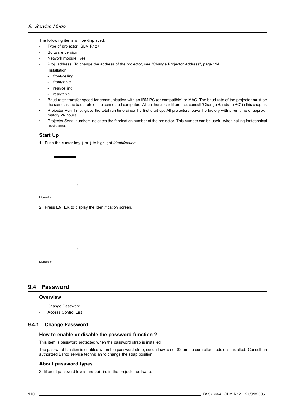 4 password, 1 change password, Password | Change password, Service mode, Start up, Overview, About password types | Barco SLM R12+ User Manual | Page 114 / 159