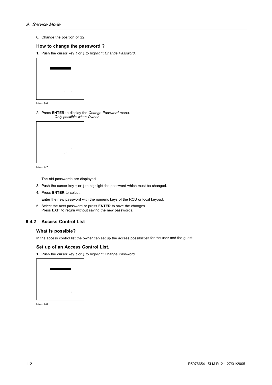 2 access control list, Access control list, Service mode | How to change the password, 2 access control list what is possible, Set up of an access control list | Barco SLM R12+ User Manual | Page 116 / 159