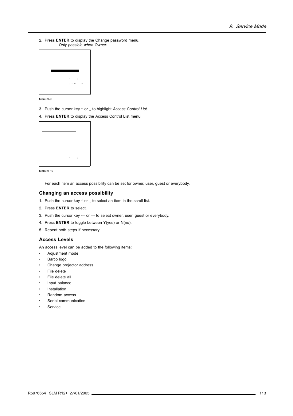 Service mode, Changing an access possibility, Access levels | Barco SLM R12+ User Manual | Page 117 / 159