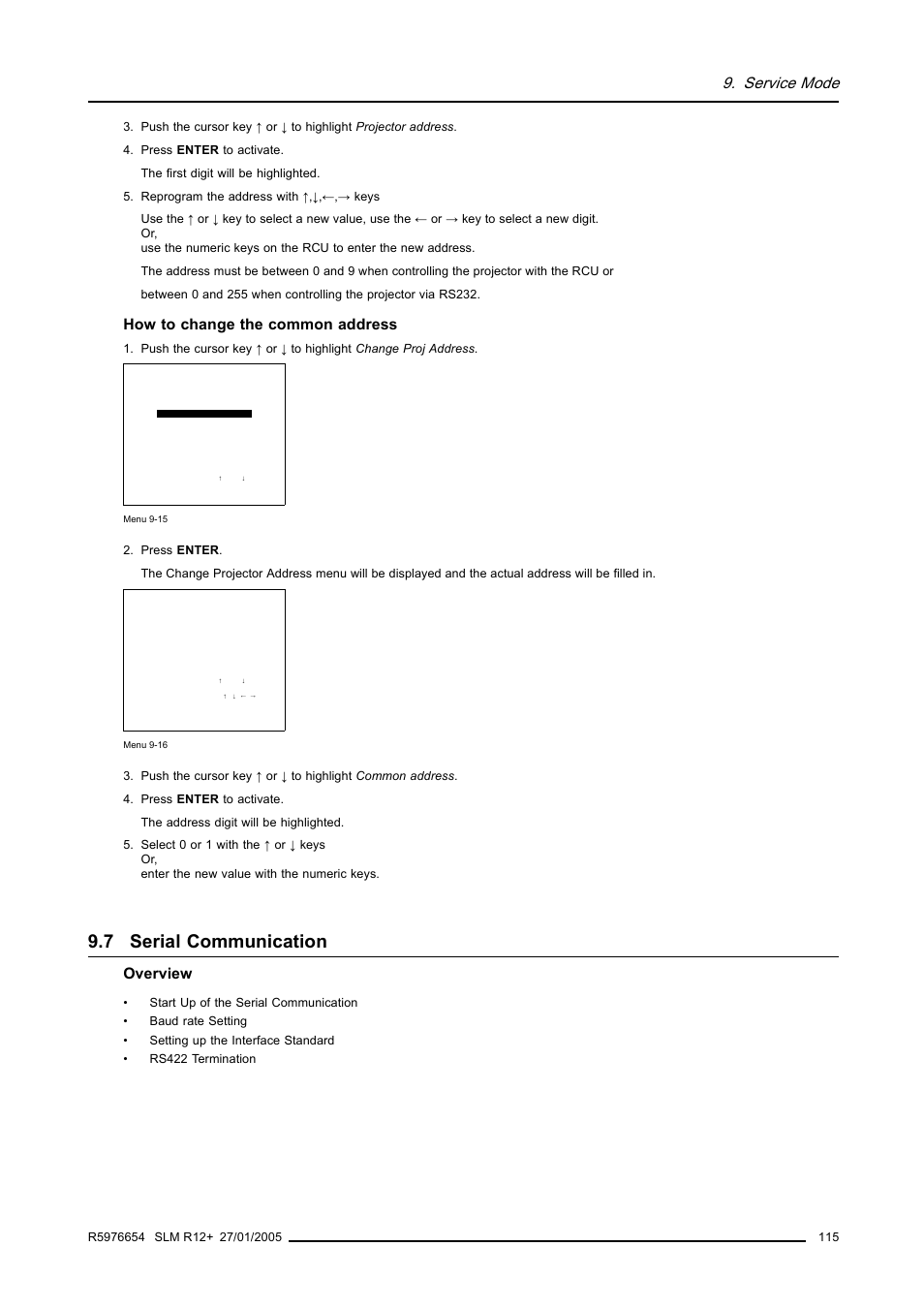 7 serial communication, Serial communication, Service mode | How to change the common address, Overview | Barco SLM R12+ User Manual | Page 119 / 159