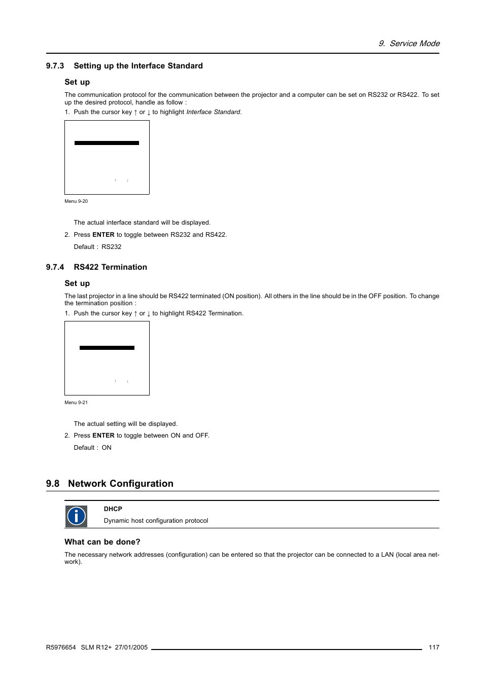 3 setting up the interface standard, 4 rs422 termination, 8 network configuration | Setting up the interface standard, Rs422 termination, Network configuration, Service mode, 3 setting up the interface standard set up, 4 rs422 termination set up, What can be done | Barco SLM R12+ User Manual | Page 121 / 159