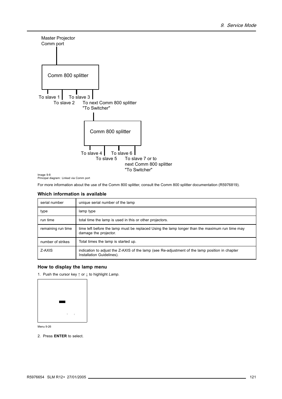 Comm 800 splitter, Service mode, Which information is available | How to display the lamp menu | Barco SLM R12+ User Manual | Page 125 / 159