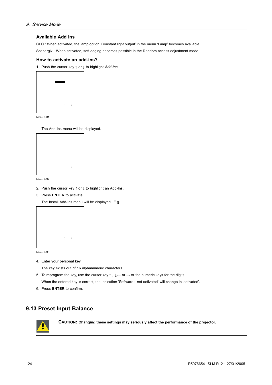 13 preset input balance, Service mode, Available add ins | How to activate an add-ins | Barco SLM R12+ User Manual | Page 128 / 159