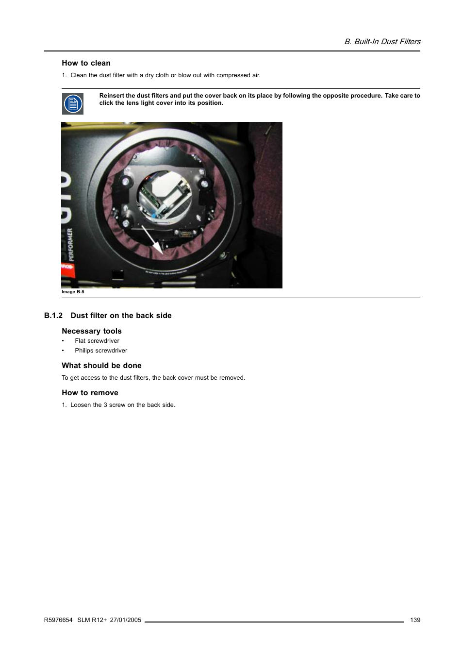 B.1.2 dust filter on the back side | Barco SLM R12+ User Manual | Page 143 / 159