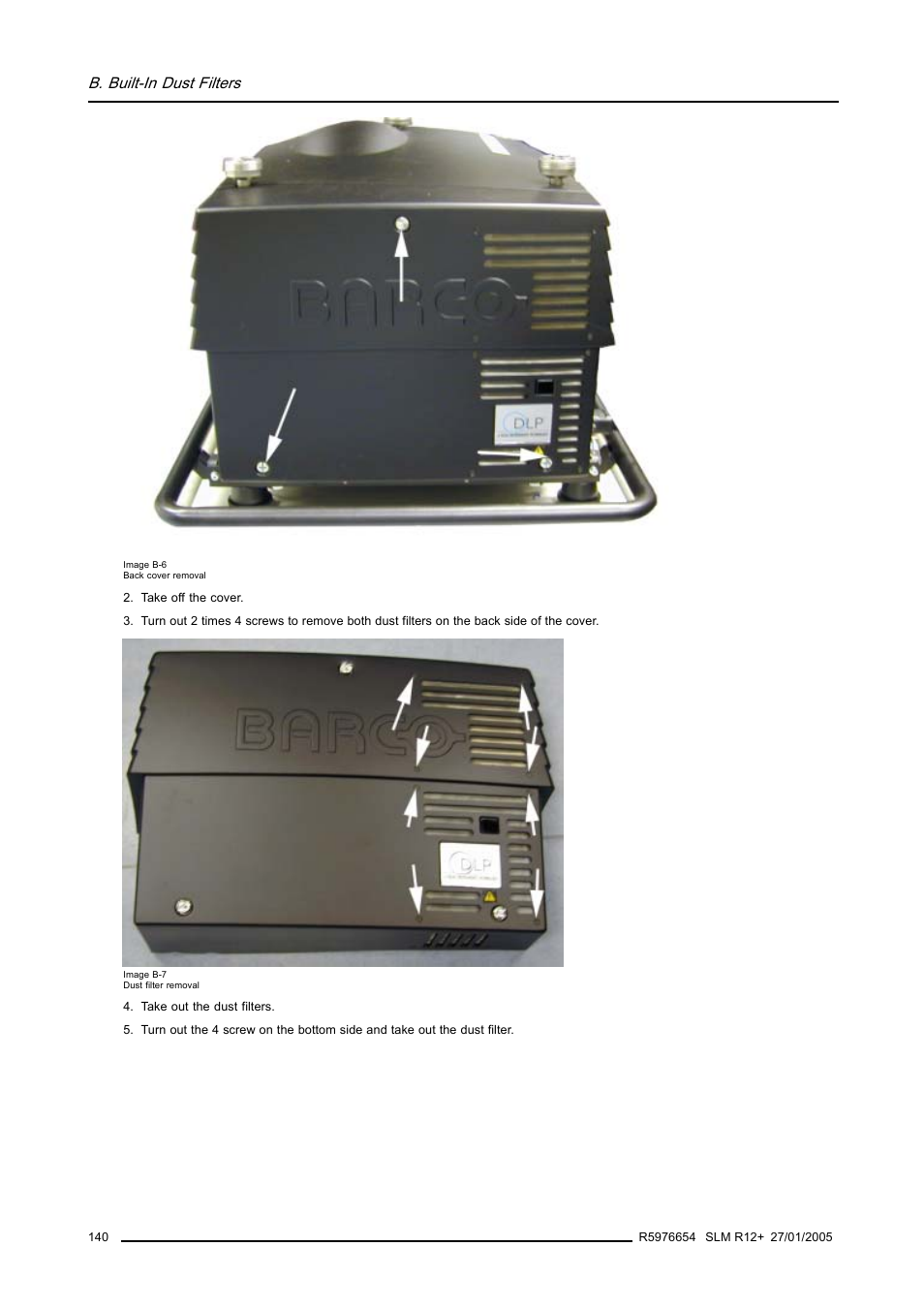 B. built-in dust filters | Barco SLM R12+ User Manual | Page 144 / 159