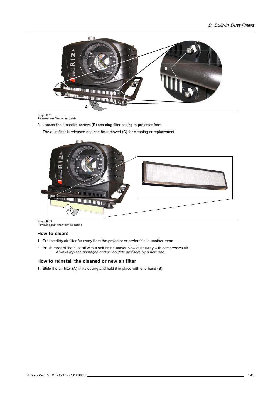 B. built-in dust filters | Barco SLM R12+ User Manual | Page 147 / 159