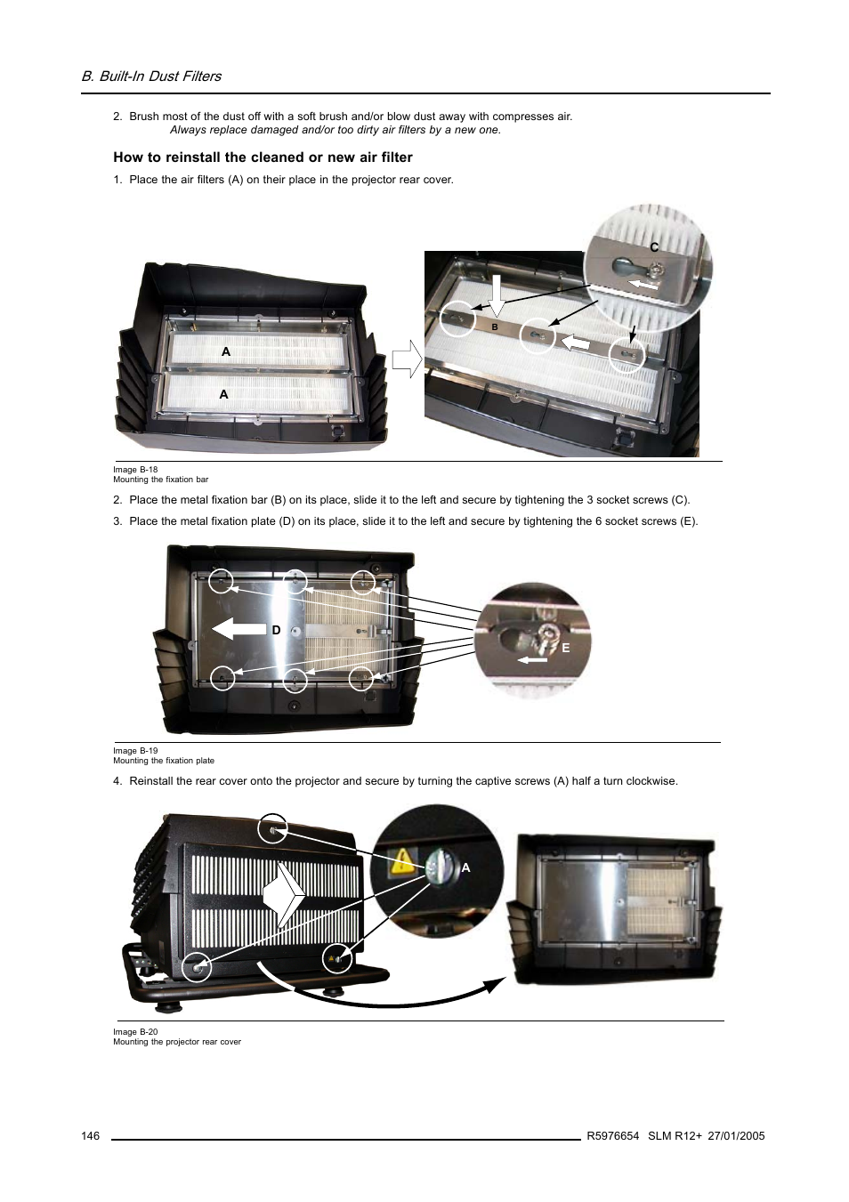 B. built-in dust filters | Barco SLM R12+ User Manual | Page 150 / 159