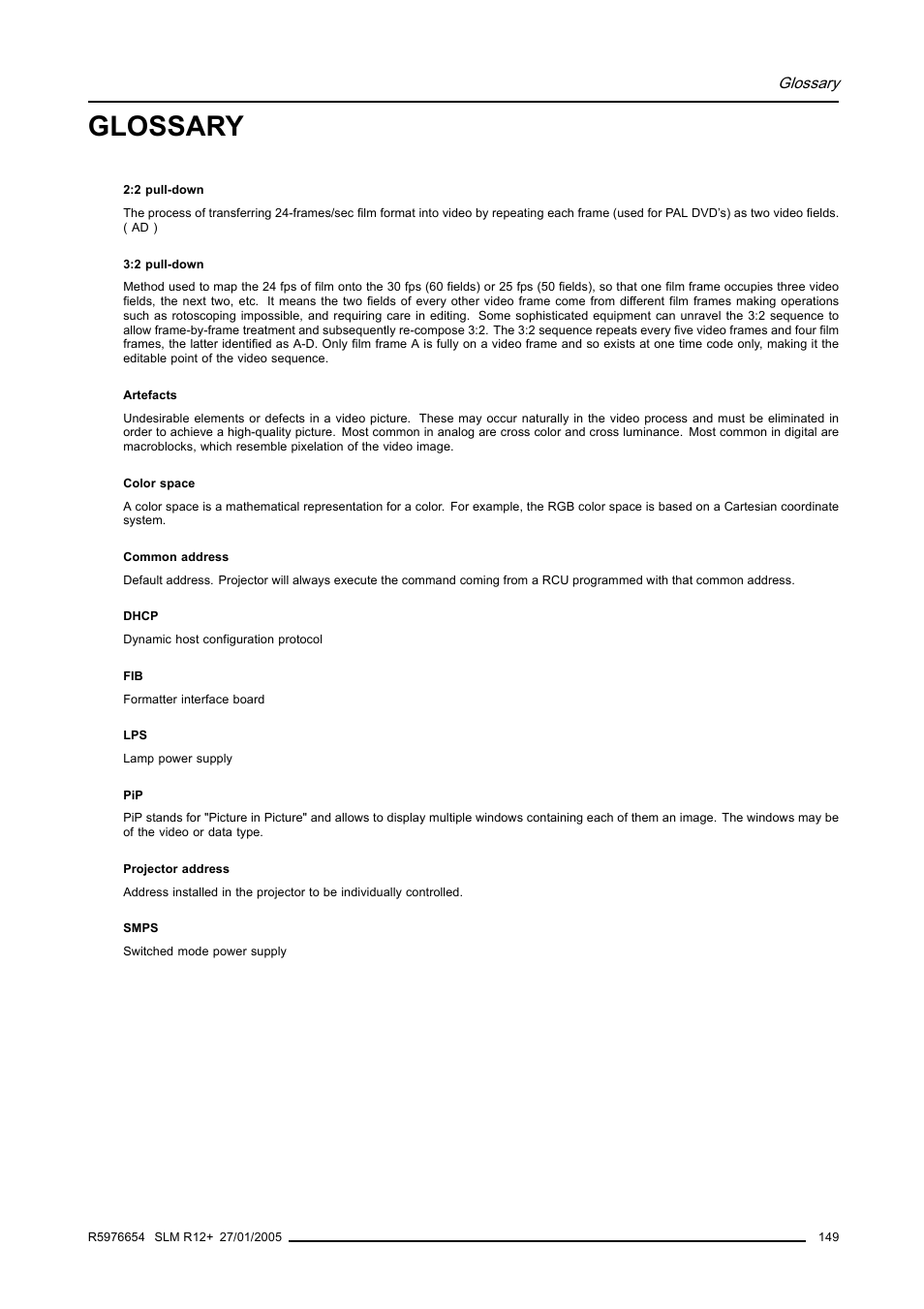 Glossary | Barco SLM R12+ User Manual | Page 153 / 159