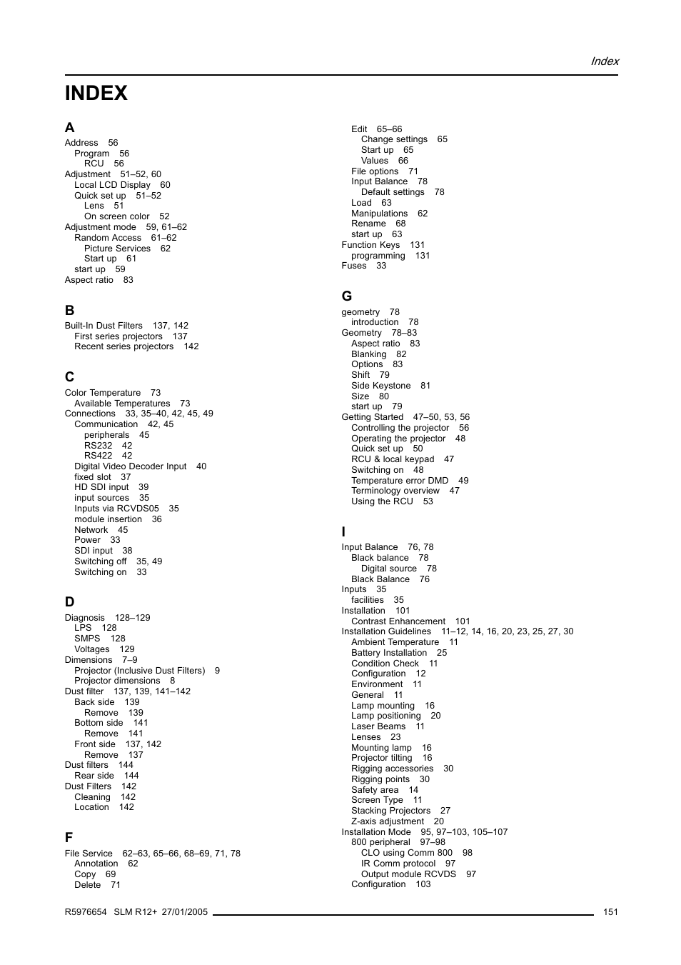 Index | Barco SLM R12+ User Manual | Page 155 / 159