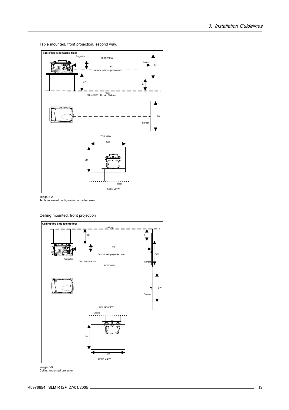 Installation guidelines, Table mounted, front projection, second way, Ceiling mounted, front projection | Barco SLM R12+ User Manual | Page 17 / 159