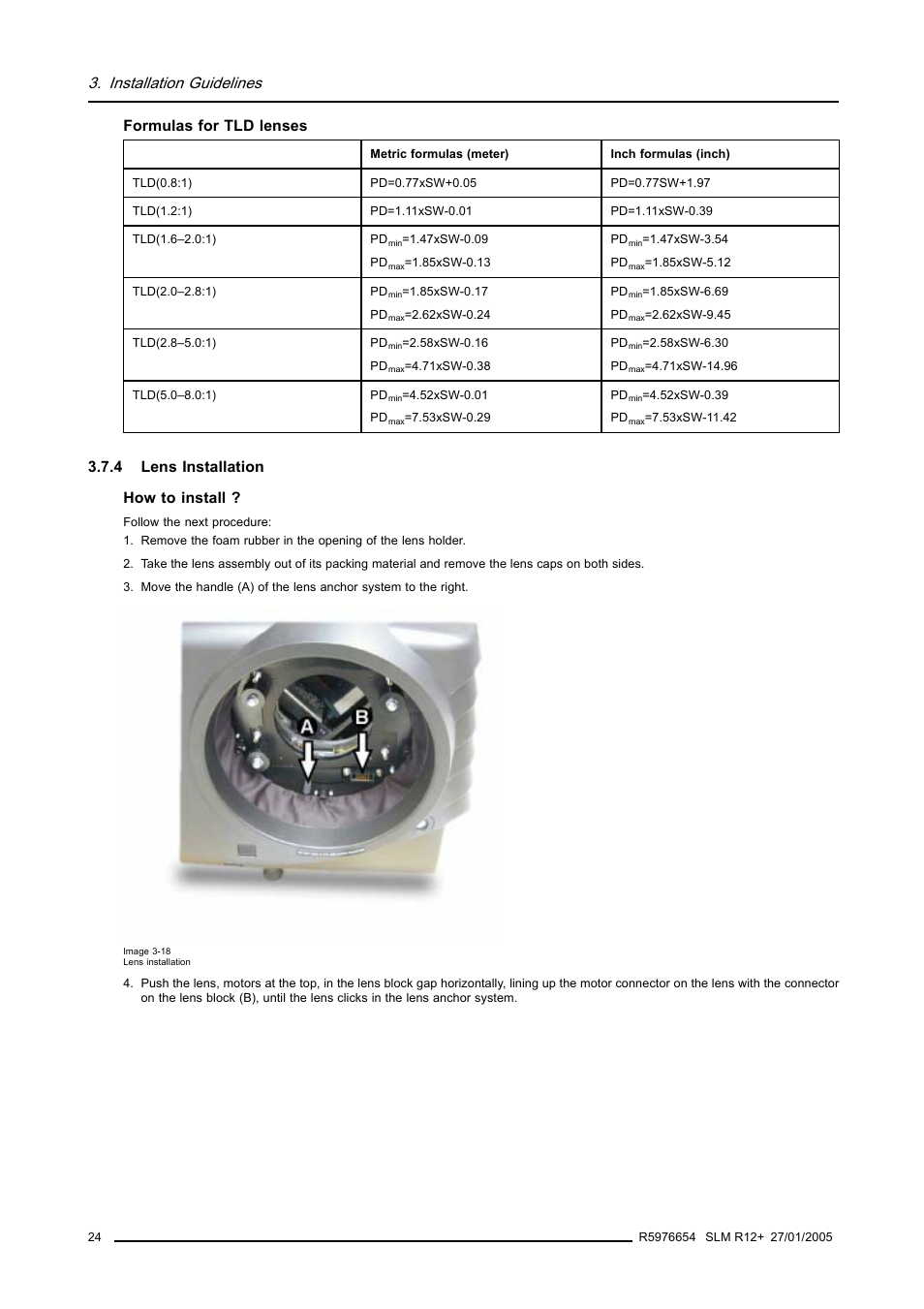 4 lens installation, Lens installation, Installation guidelines | Formulas for tld lenses, 4 lens installation how to install | Barco SLM R12+ User Manual | Page 28 / 159