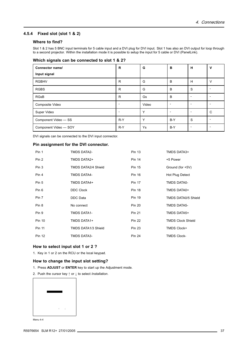 4 fixed slot (slot 1 & 2), Fixed slot (slot 1 & 2), Connections | Barco SLM R12+ User Manual | Page 41 / 159