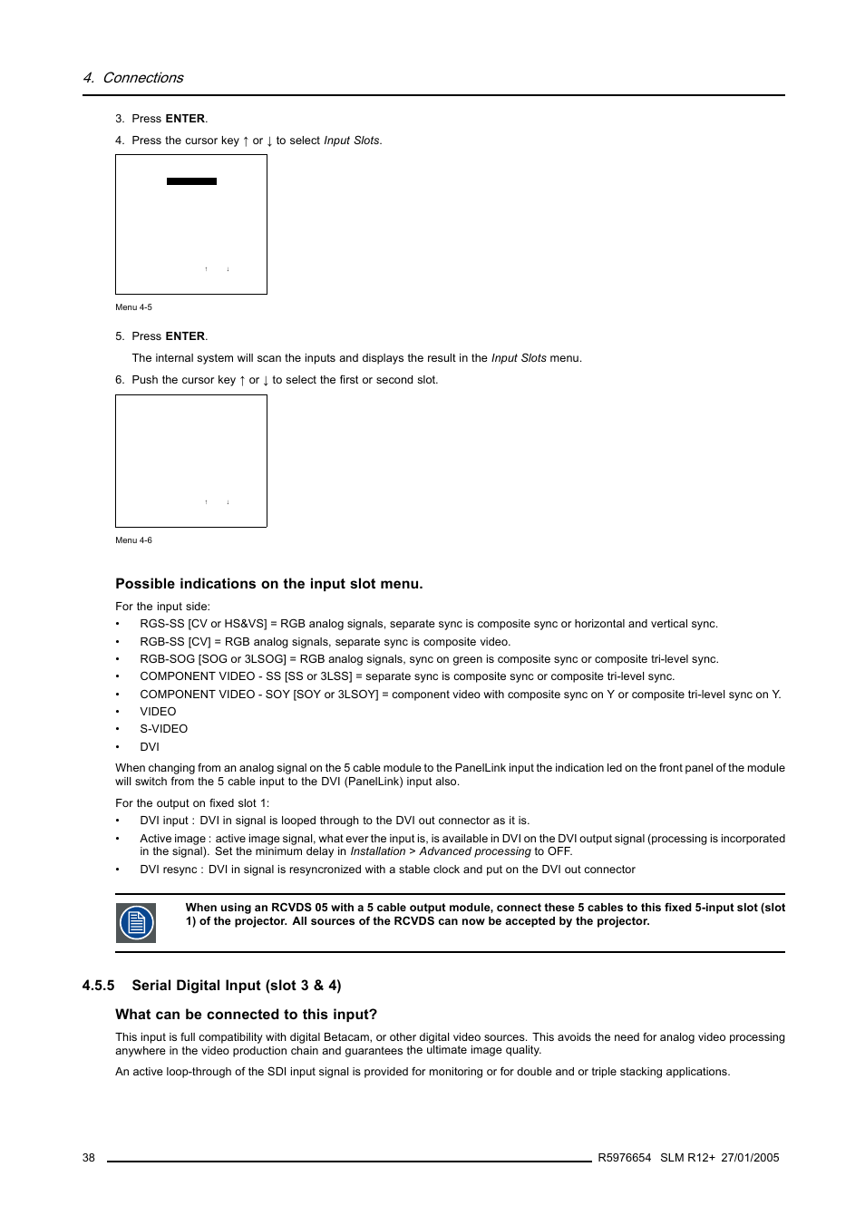 5 serial digital input (slot 3 & 4), Serial digital input (slot 3 & 4), Connections | Possible indications on the input slot menu | Barco SLM R12+ User Manual | Page 42 / 159