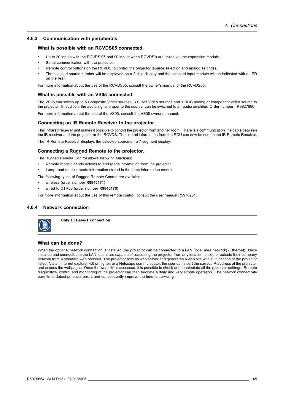3 communication with peripherals, 4 network connection, Communication with peripherals | Network connection | Barco SLM R12+ User Manual | Page 49 / 159
