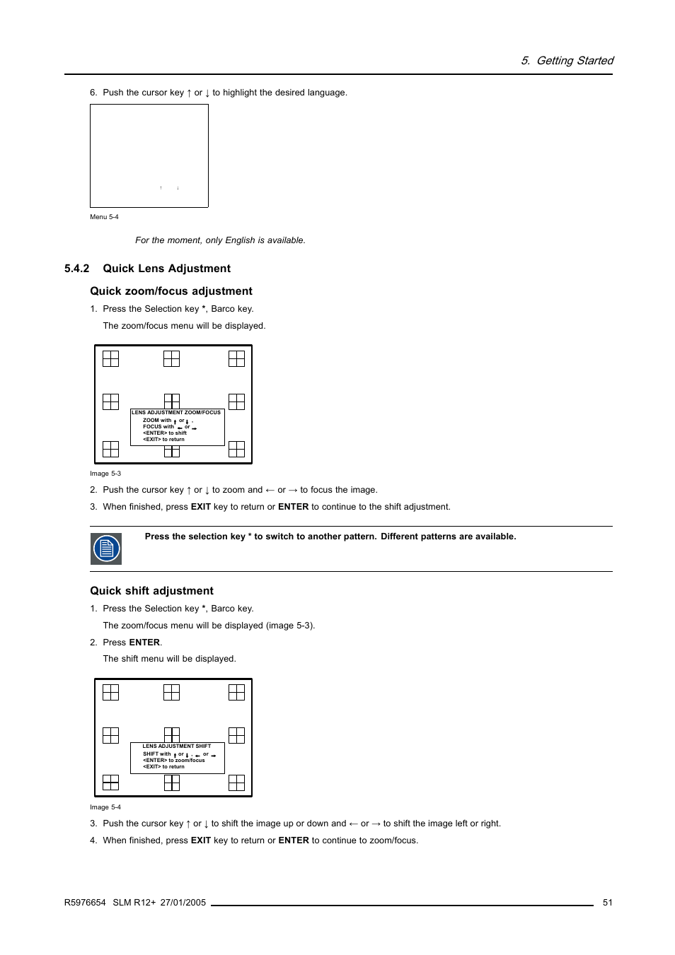 2 quick lens adjustment, Quick lens adjustment, Getting started | Quick shift adjustment | Barco SLM R12+ User Manual | Page 55 / 159