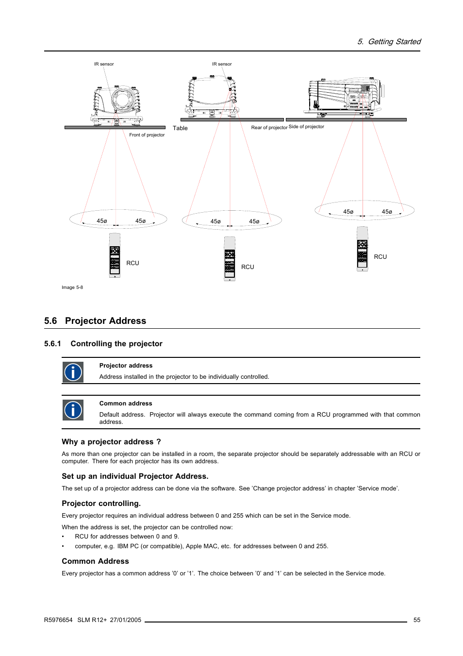 6 projector address, 1 controlling the projector, Projector address | Controlling the projector, Getting started, Why a projector address, Set up an individual projector address, Projector controlling, Common address | Barco SLM R12+ User Manual | Page 59 / 159