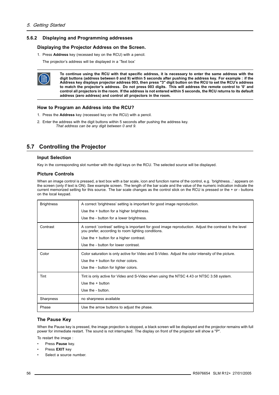 2 displaying and programming addresses, 7 controlling the projector, Displaying and programming addresses | Controlling the projector | Barco SLM R12+ User Manual | Page 60 / 159