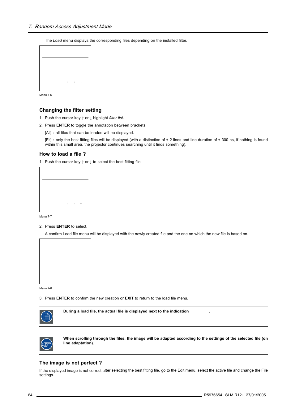 Random access adjustment mode, Changing the filter setting, How to load a file | The image is not perfect | Barco SLM R12+ User Manual | Page 68 / 159