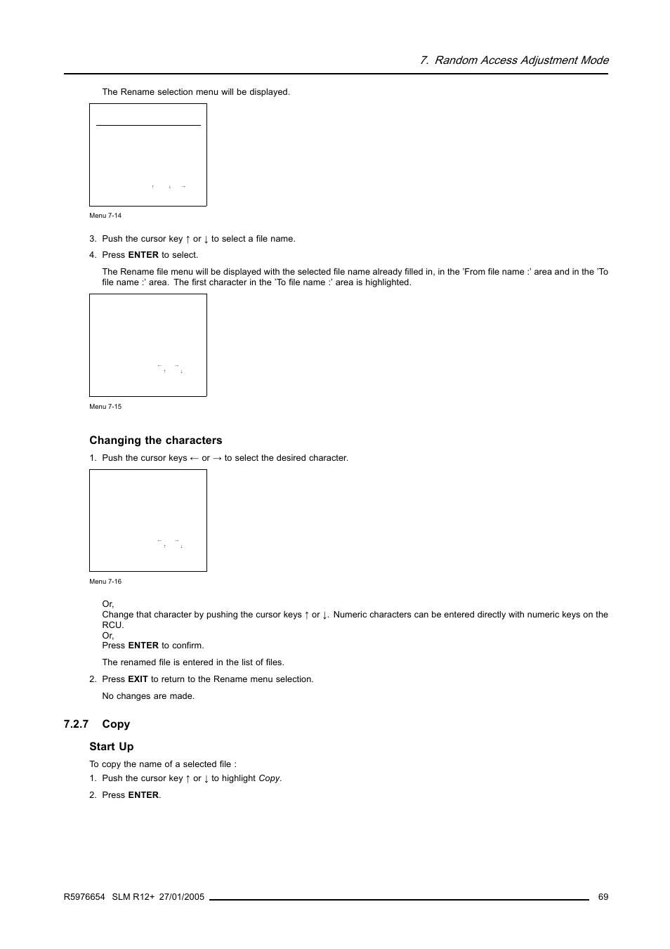 7 copy, Copy, Random access adjustment mode | Changing the characters, 7 copy start up | Barco SLM R12+ User Manual | Page 73 / 159