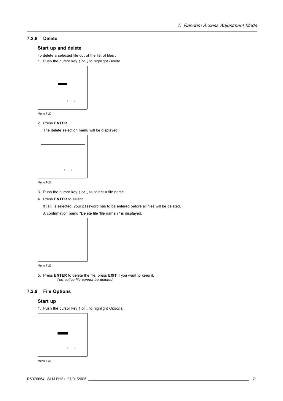 8 delete, 9 file options, Delete | File options, Random access adjustment mode, 8 delete start up and delete, 9 file options start up | Barco SLM R12+ User Manual | Page 75 / 159