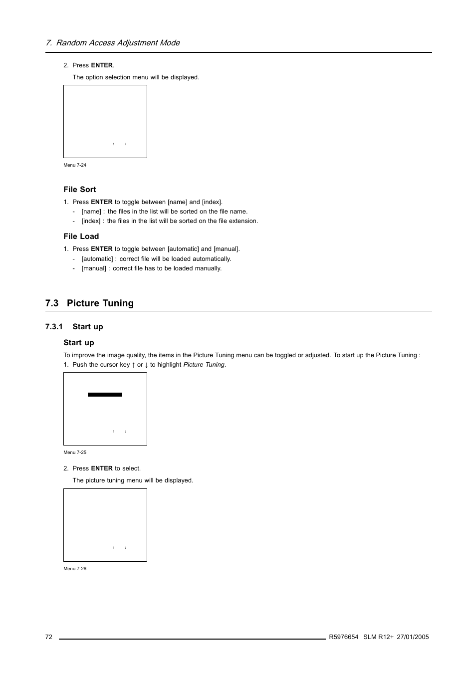3 picture tuning, 1 start up, Picture tuning | Start up, Random access adjustment mode, File sort, File load, 1 start up start up | Barco SLM R12+ User Manual | Page 76 / 159