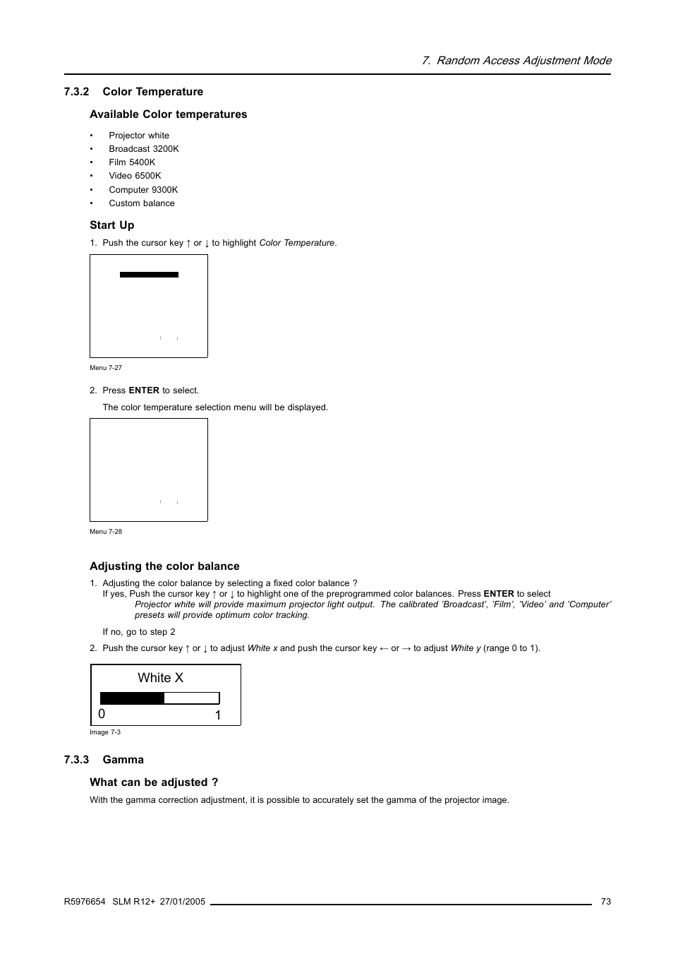 2 color temperature, 3 gamma, Color temperature | Gamma, 01 white x, Random access adjustment mode, 2 color temperature available color temperatures, Start up, Adjusting the color balance, 3 gamma what can be adjusted | Barco SLM R12+ User Manual | Page 77 / 159