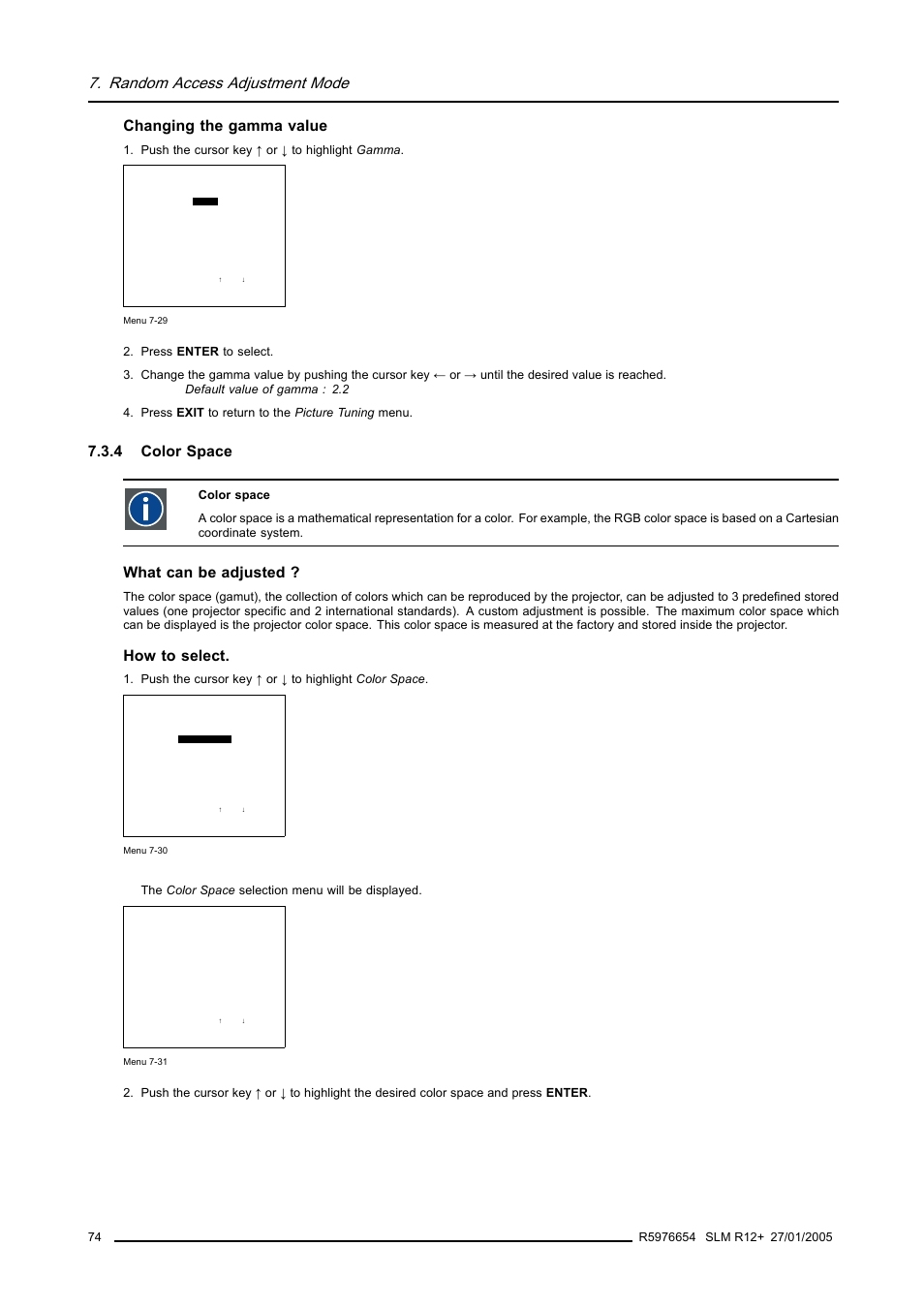 4 color space, Color space, Random access adjustment mode | Changing the gamma value, What can be adjusted, How to select | Barco SLM R12+ User Manual | Page 78 / 159