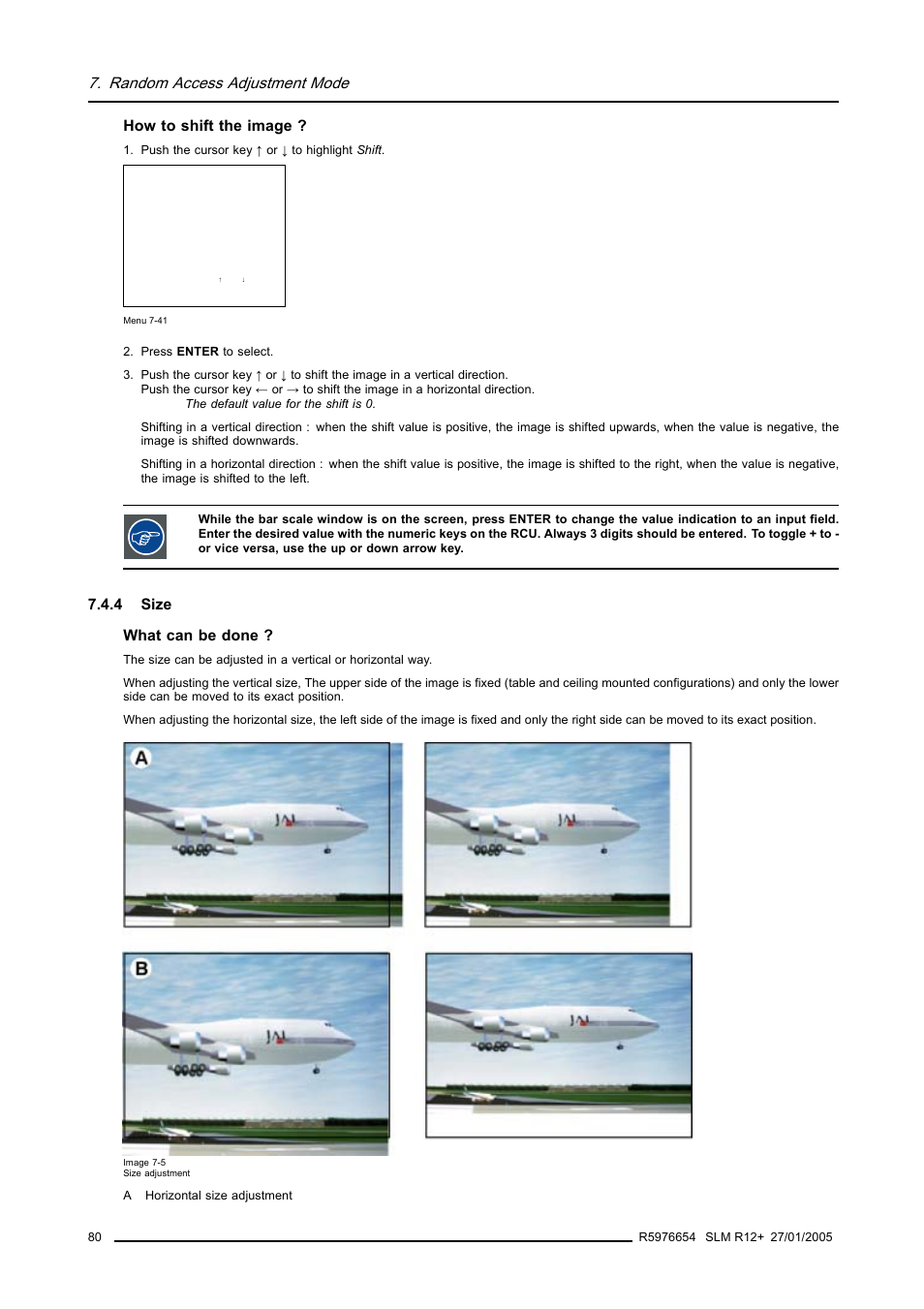 4 size, Size, Random access adjustment mode | How to shift the image, 4 size what can be done | Barco SLM R12+ User Manual | Page 84 / 159