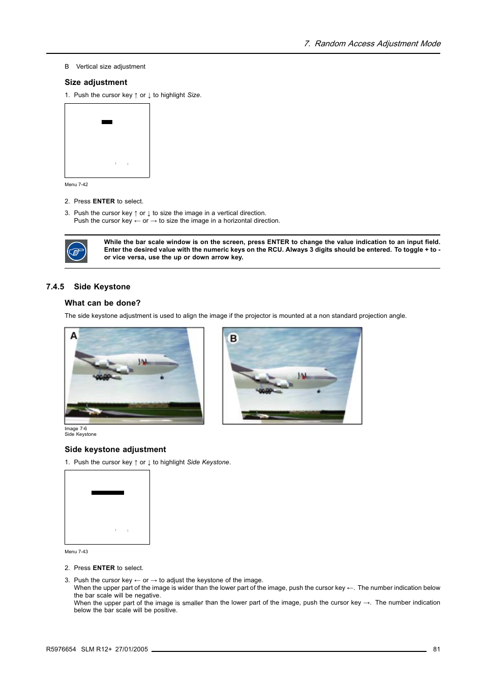 5 side keystone, Side keystone, Random access adjustment mode | Size adjustment, 5 side keystone what can be done, Side keystone adjustment | Barco SLM R12+ User Manual | Page 85 / 159