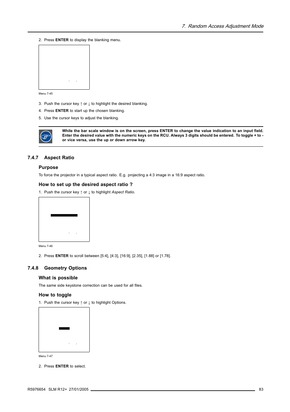 7 aspect ratio, 8 geometry options, Aspect ratio | Geometry options, Random access adjustment mode, 7 aspect ratio purpose, How to set up the desired aspect ratio, 8 geometry options what is possible, How to toggle | Barco SLM R12+ User Manual | Page 87 / 159