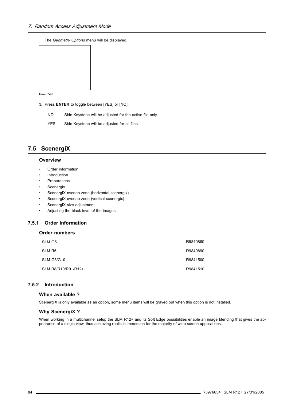 5 scenergix, 1 order information, 2 introduction | Scenergix, Order information, Introduction, Random access adjustment mode | Barco SLM R12+ User Manual | Page 88 / 159