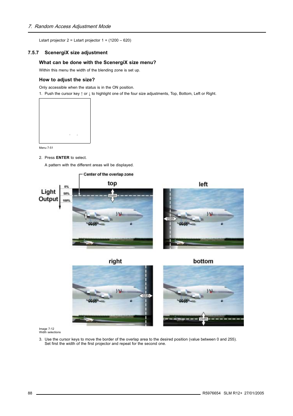 7 scenergix size adjustment, Scenergix size adjustment, Random access adjustment mode | How to adjust the size | Barco SLM R12+ User Manual | Page 92 / 159