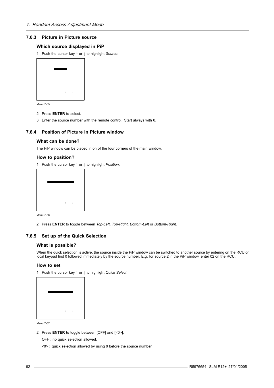 3 picture in picture source, 4 position of picture in picture window, 5 set up of the quick selection | Picture in picture source, Position of picture in picture window, Set up of the quick selection, Random access adjustment mode, How to position, 5 set up of the quick selection what is possible, How to set | Barco SLM R12+ User Manual | Page 96 / 159