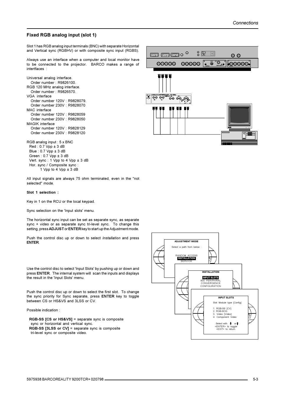 Connections, Fixed rgb analog input (slot 1) | Barco R9001390 User Manual | Page 17 / 59
