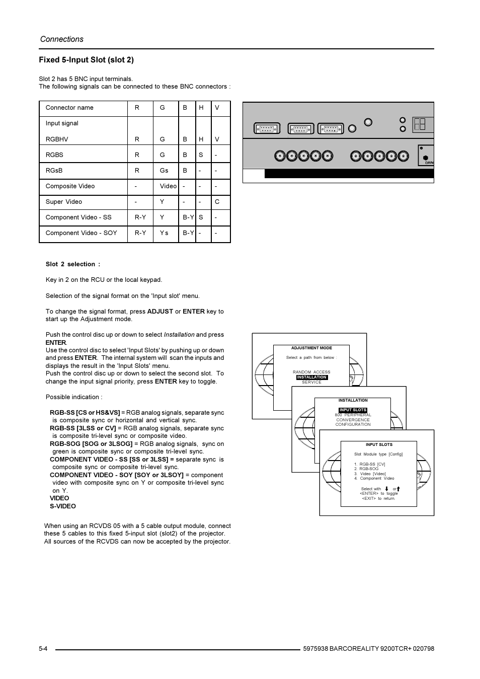 Connections, Fixed 5-input slot (slot 2) | Barco R9001390 User Manual | Page 18 / 59
