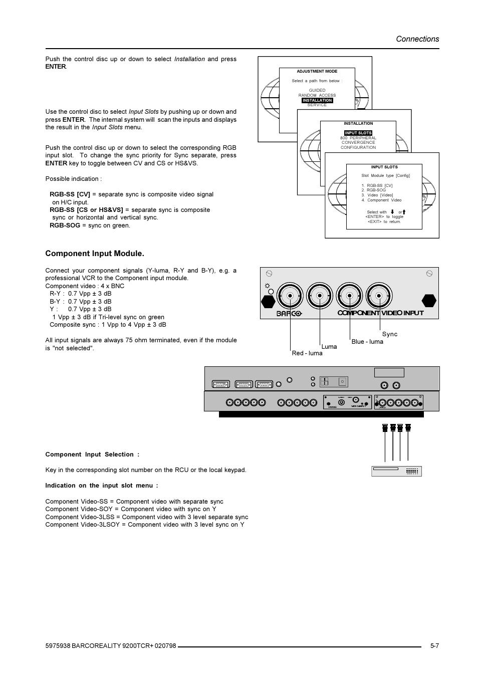 Connections, Component input module, 8phqpi@iuãwd9@pãdiqvu | Blue - luma luma red - luma | Barco R9001390 User Manual | Page 21 / 59