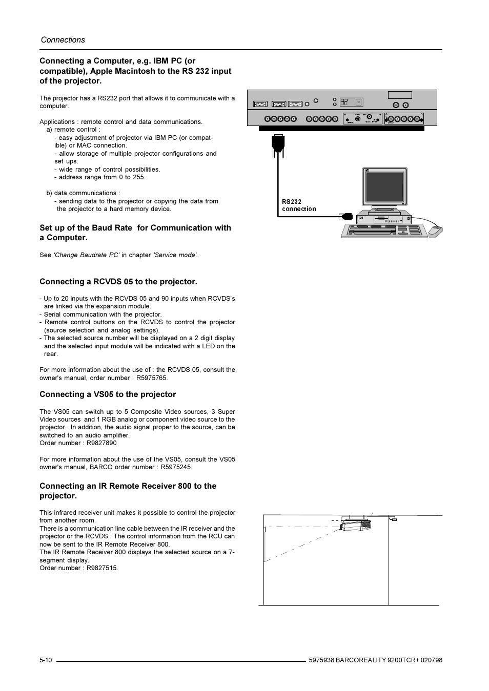 Connections, Connecting a rcvds 05 to the projector, Connecting a vs05 to the projector | See 'change baudrate pc' in chapter 'service mode | Barco R9001390 User Manual | Page 24 / 59