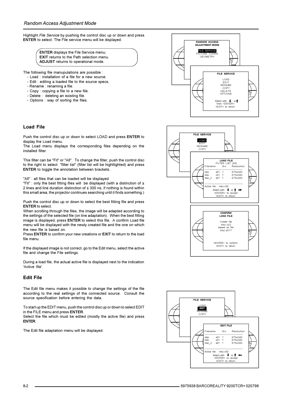 Random access adjustment mode, Load file, Edit file | Barco R9001390 User Manual | Page 30 / 59