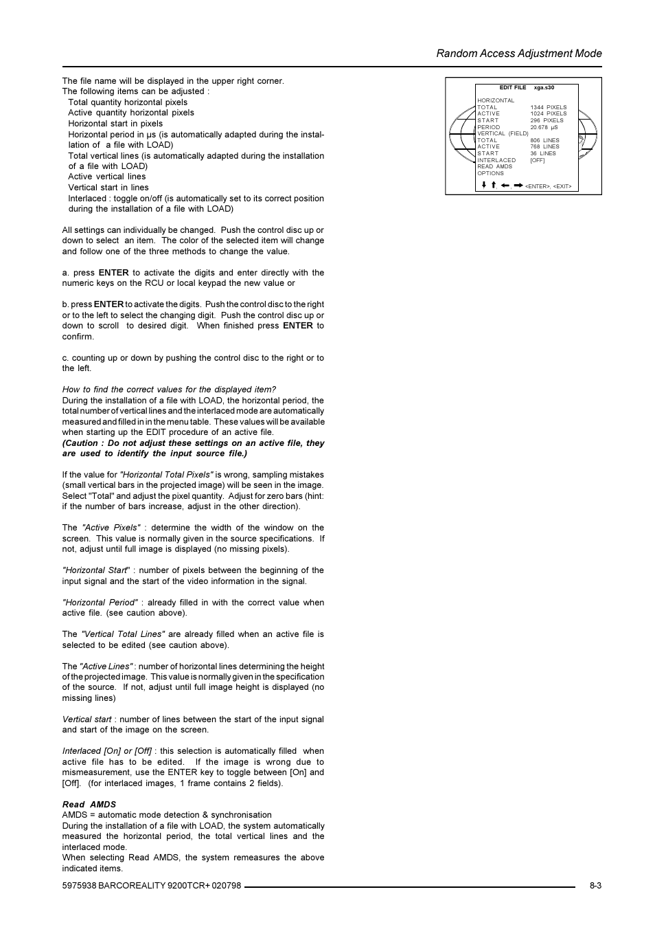 Random access adjustment mode | Barco R9001390 User Manual | Page 31 / 59