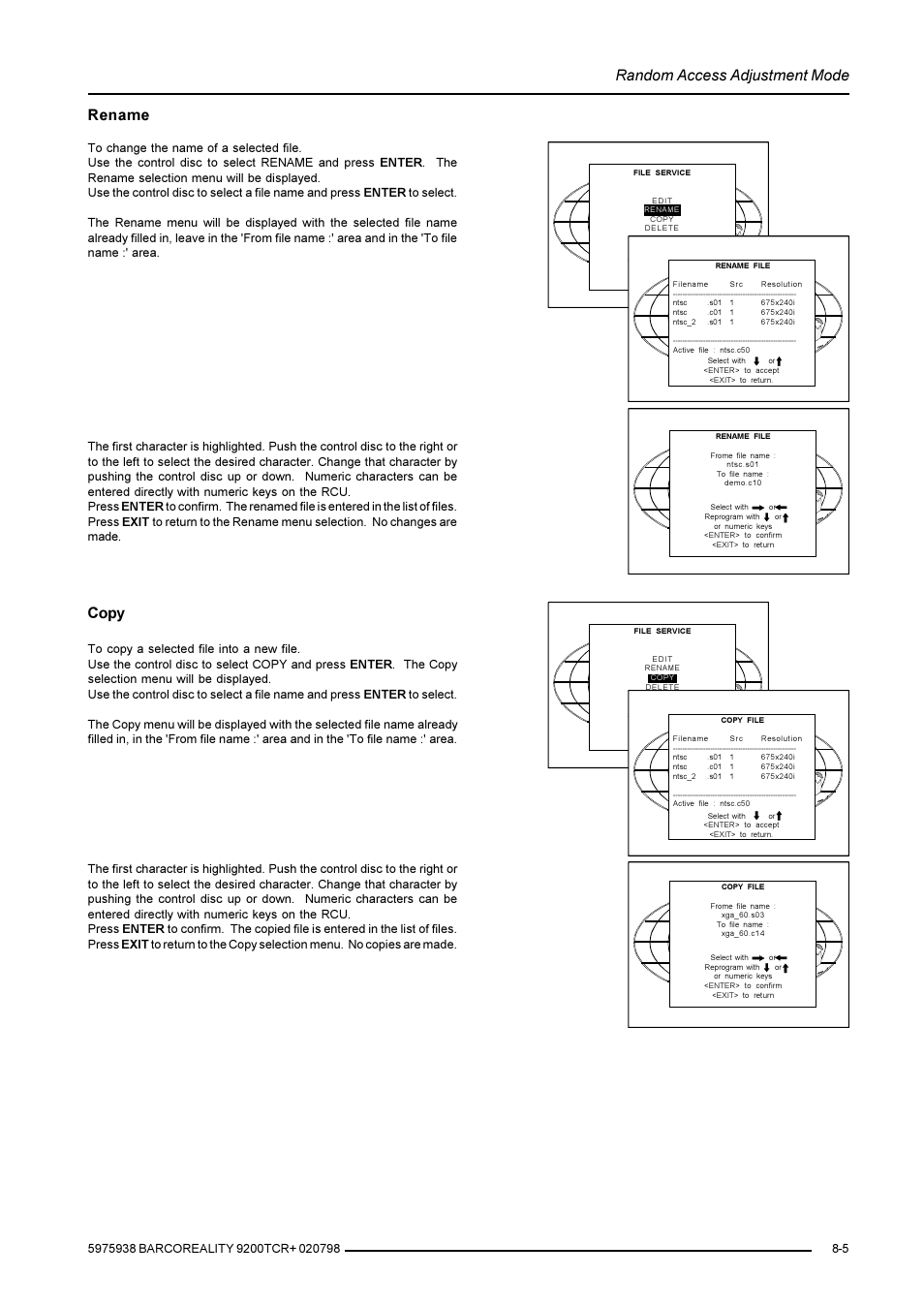 Random access adjustment mode, Rename, Copy | Barco R9001390 User Manual | Page 33 / 59