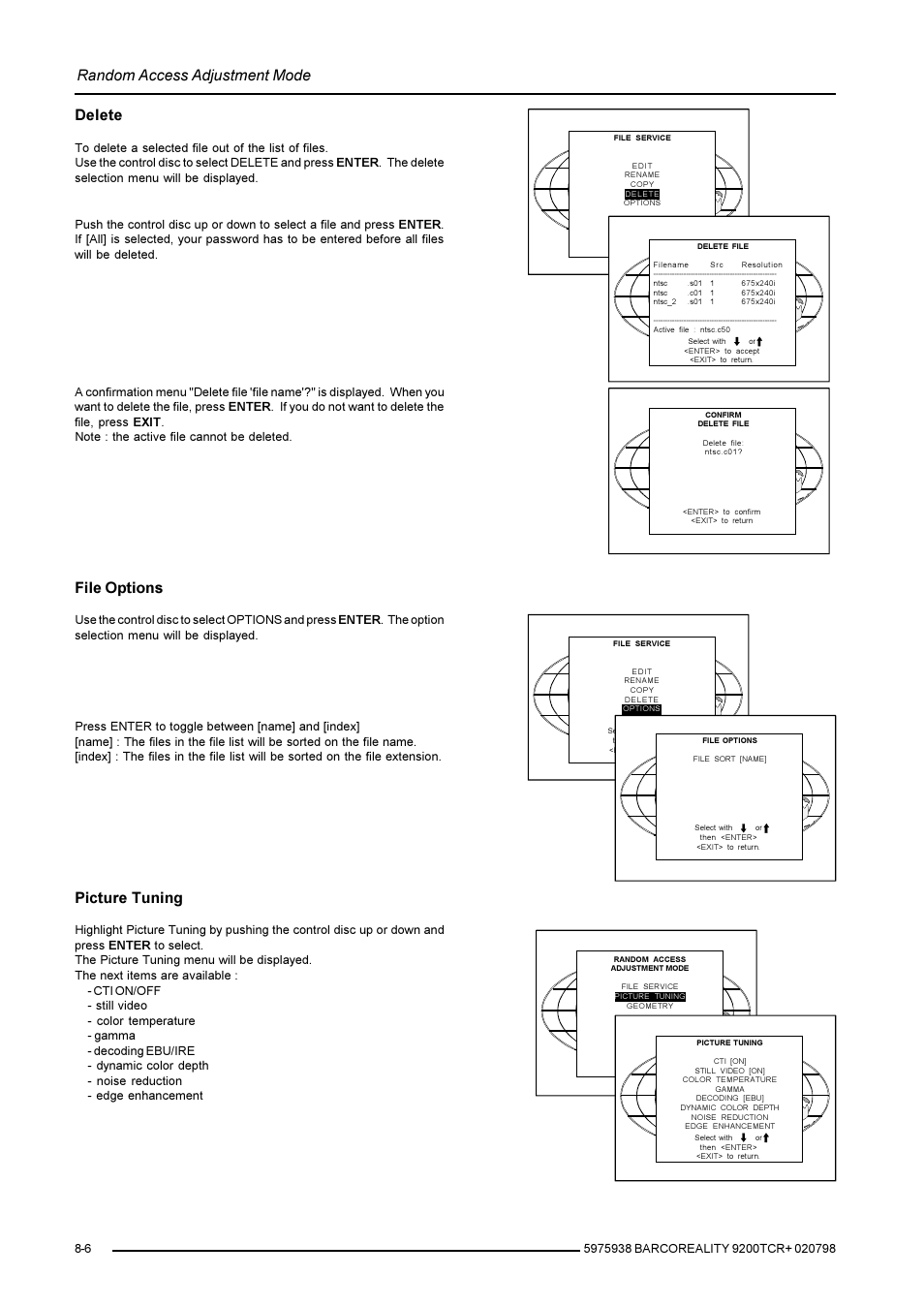 Random access adjustment mode, Delete, File options | Picture tuning | Barco R9001390 User Manual | Page 34 / 59